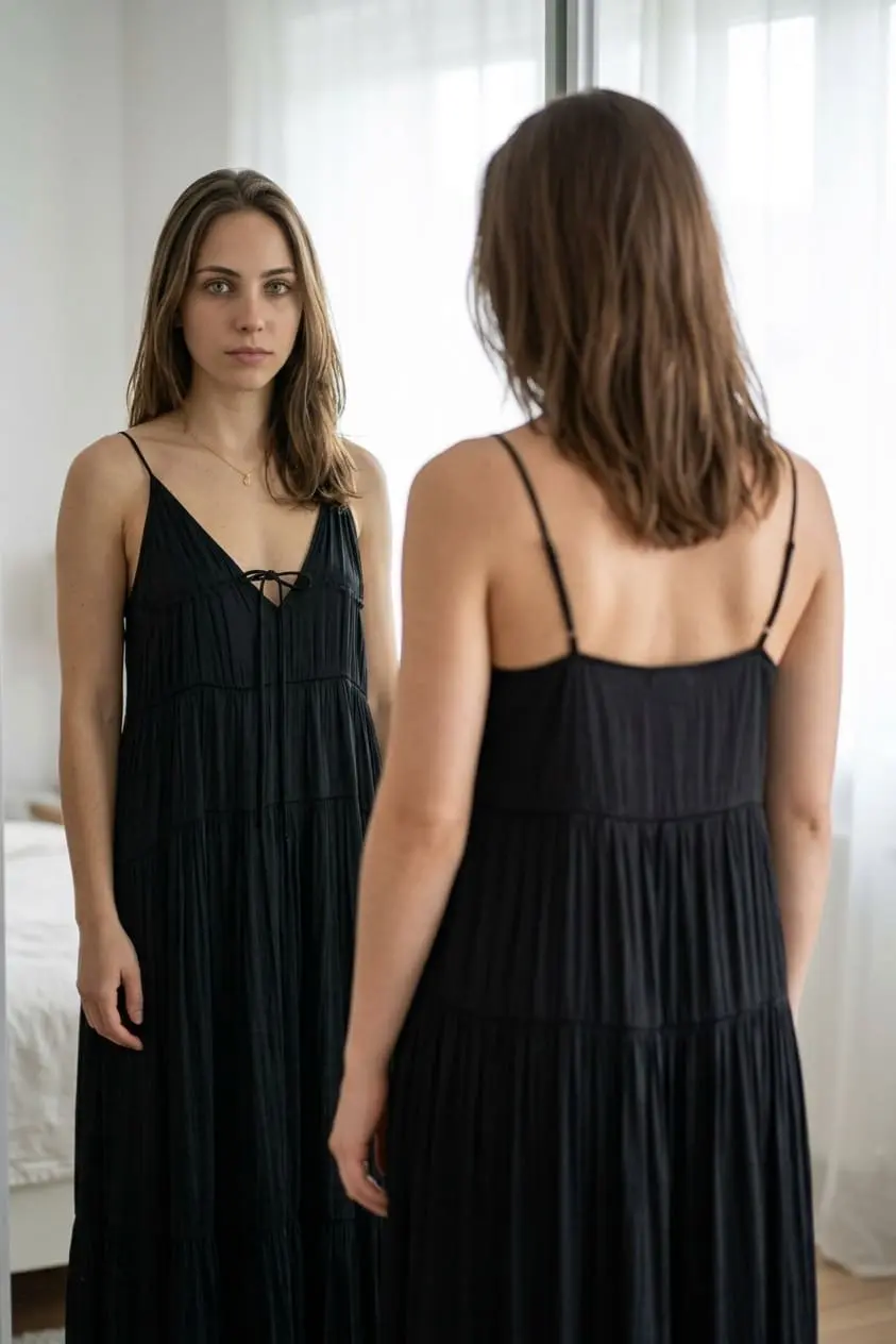 A mesma modelo vestindo um vestido preto longo, de frente e de costas