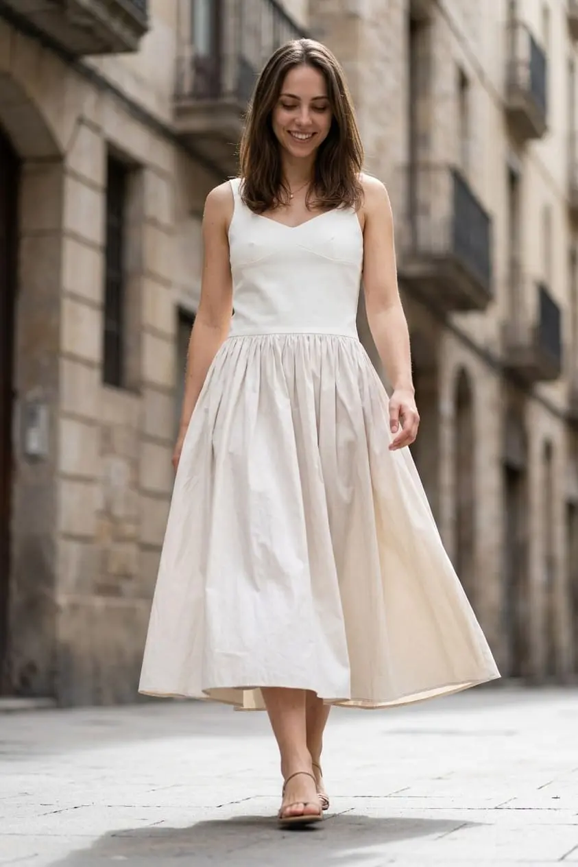 A modelo da loja vestindo o mesmo vestido off white